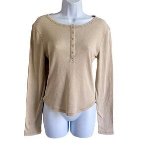 Pink Rose Magic Stone Ribbed Long Sleeve Henley Top Medium NEW NWT